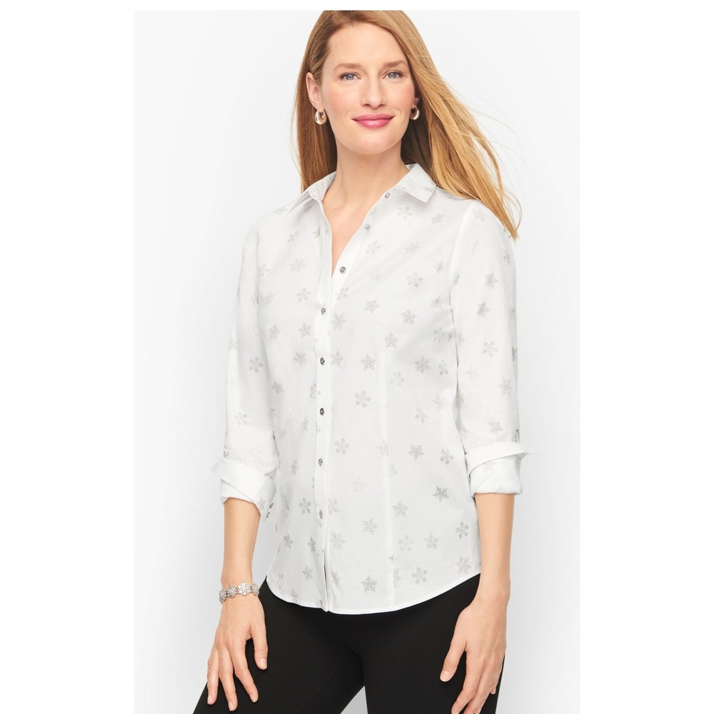 Talbots White Silver Metallic Snowflake Button Down Shirt Long Sleeve Festive XL